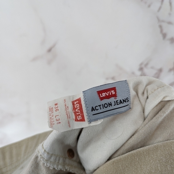 Vintage Levis Jeans Mens 32 X 28 Khaki Tan 90s Denim Relaxed Red Action Pant - Picture 9 of 11
